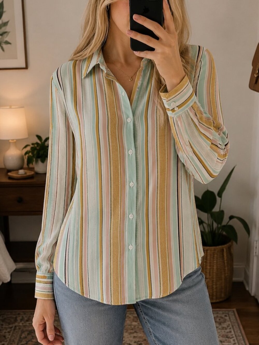Rachel Zoe Blouse M Multicolor Striped Button Front Long Sleeve Tunic Shirt